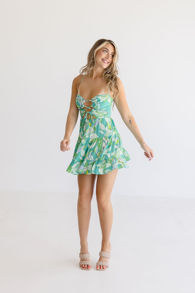  Sleeveless Cut Out Tropical Print Mini Dress Teal