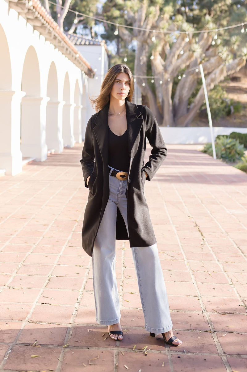 Long Sleeve Notched Lapel Long Coat Black