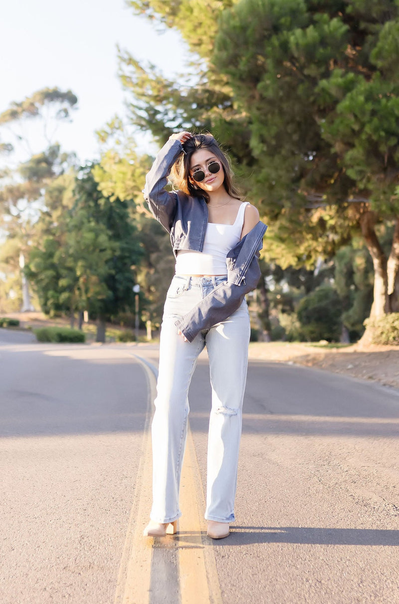 Vegan Leather Cropped Bomber Jacket Navy