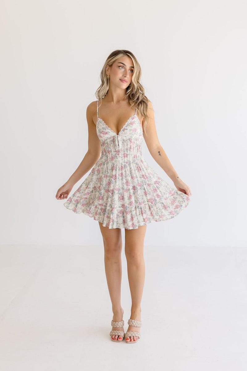  Sleeveless Lace Trim Floral Print Mini Dress Blush