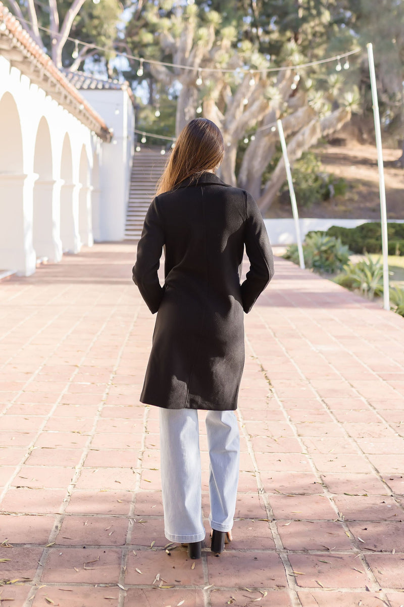 Long Sleeve Notched Lapel Long Coat Black