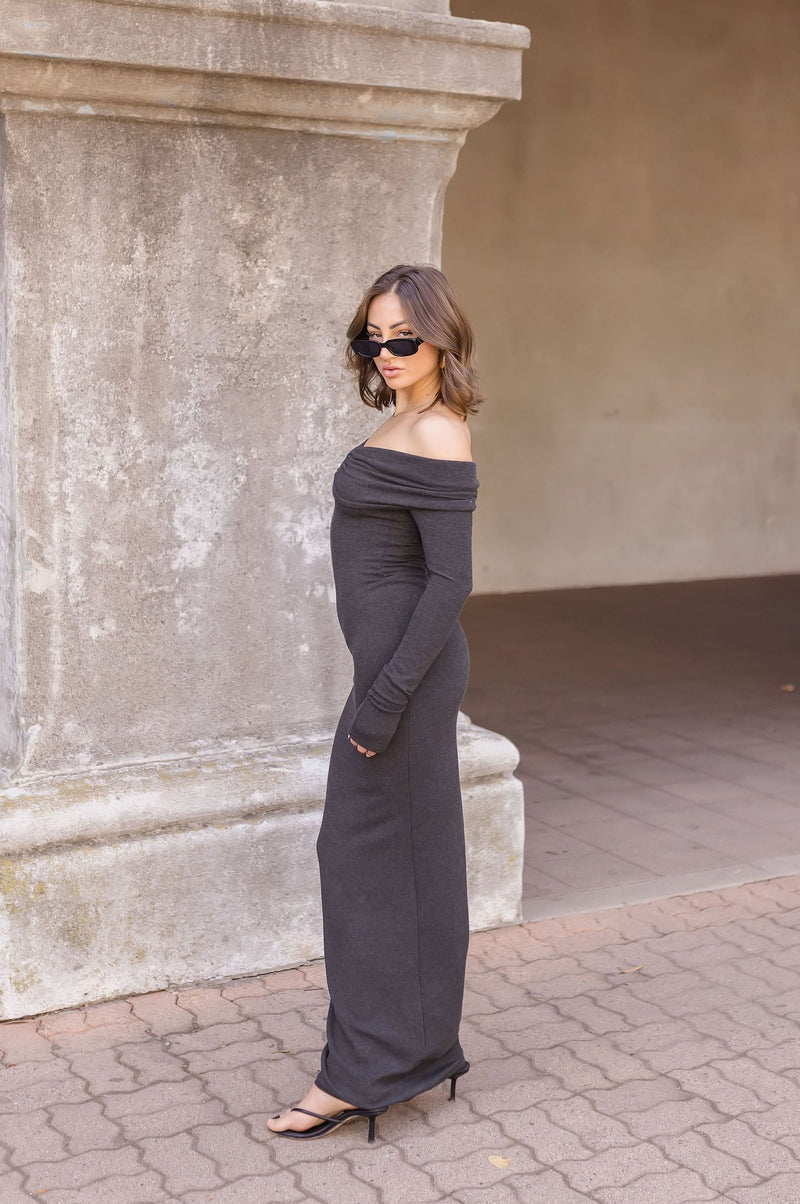 Off The Shoulder Long Sleeve Ribbed Maxi Dress Charcoal