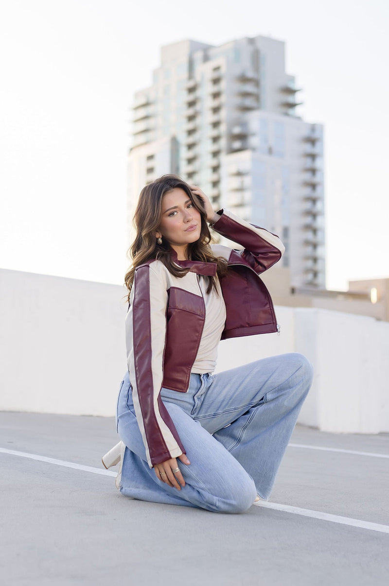 Vegan Leather Cropped Color Block Moto Jacket Burgundy