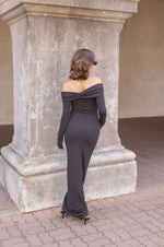 Off The Shoulder Long Sleeve Ribbed Maxi Dress Charcoal