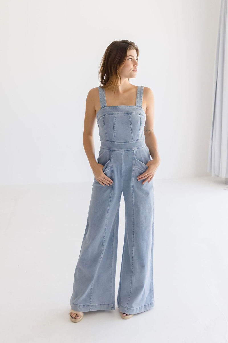 Sleeveless Wide Leg Denim Jumpsuit Light Wash