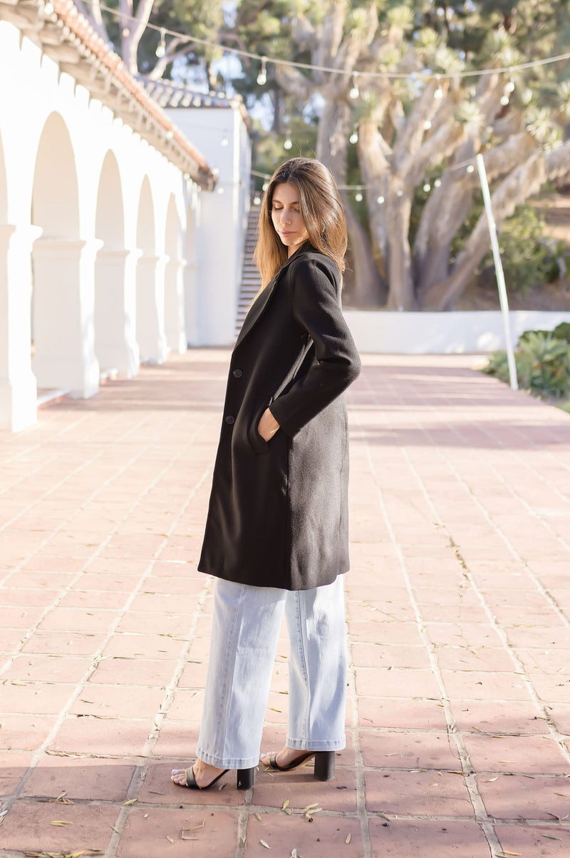 Long Sleeve Notched Lapel Long Coat Black