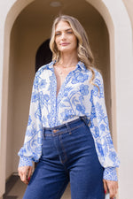 Long Sleeve Button Down Floral Print Top Blue