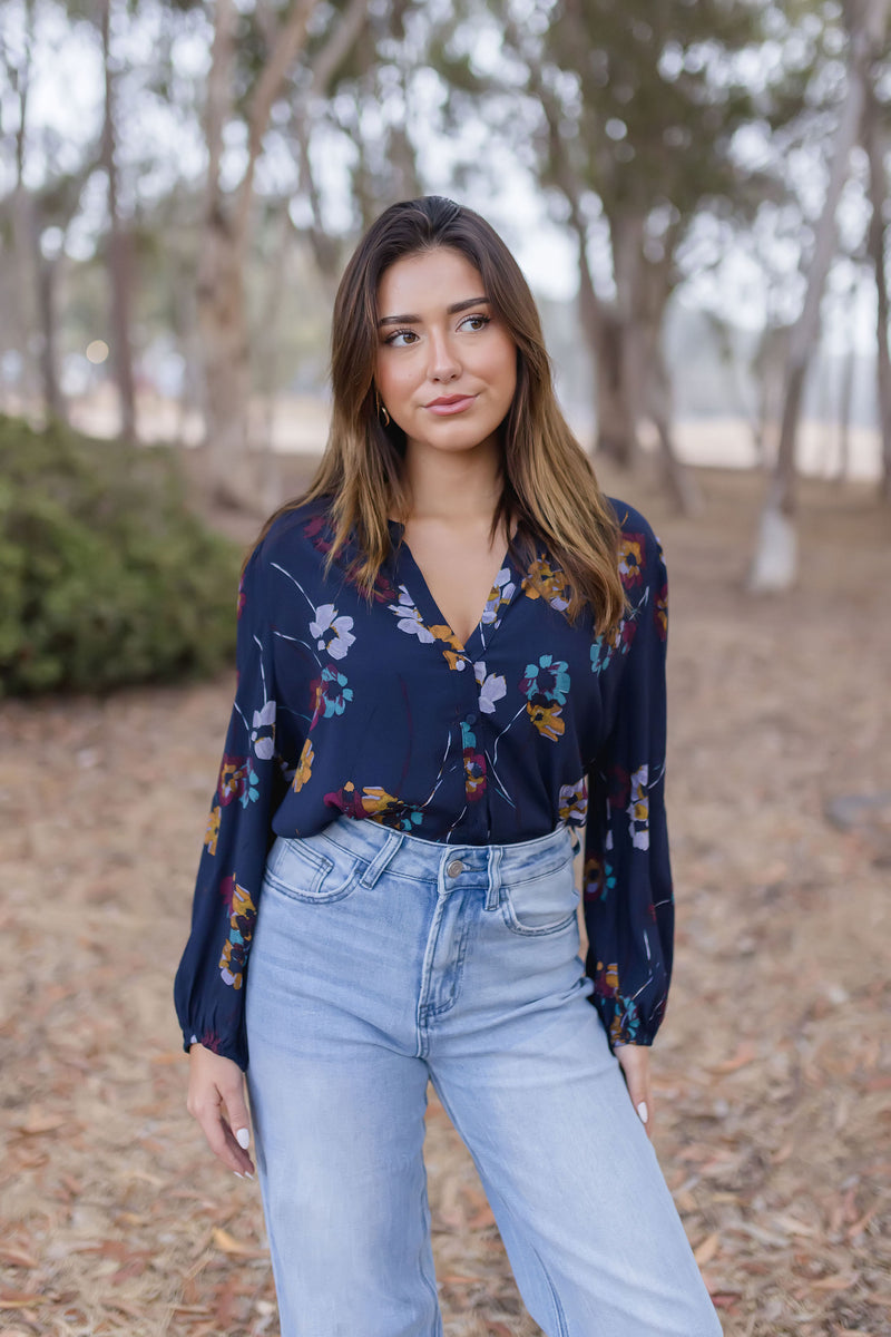 Long Sleeve Button Down Floral Print Top Navy