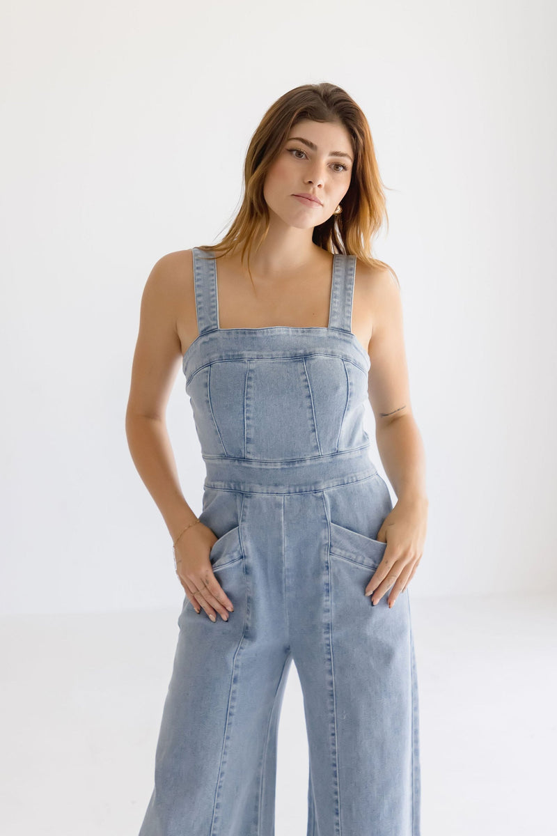 Sleeveless Wide Leg Denim Jumpsuit Light Wash