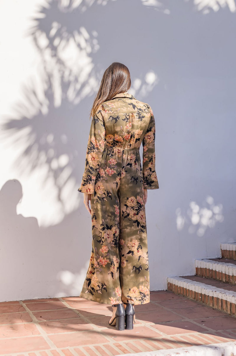 Long Sleeve Front Tie Floral Print Jumpsuit Olive