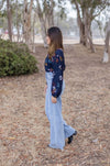 Long Sleeve Button Down Floral Print Top Navy