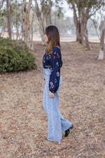 Long Sleeve Button Down Floral Print Top Navy