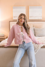  Long Sleeve Satin Bow Tie Knit Cardigan Pink