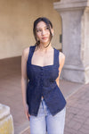 Sleeveless Partial Button Down Denim Top Dark Wash