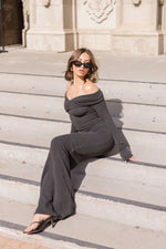 Off The Shoulder Long Sleeve Ribbed Maxi Dress Charcoal