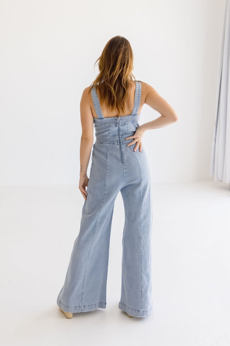 Sleeveless Wide Leg Denim Jumpsuit Light Wash