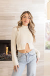 Long Sleeve Mock Neck Cut Out Cropped Sweater Top White