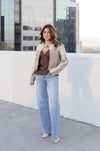 Vegan Leather Cropped Color Block Moto Jacket Taupe