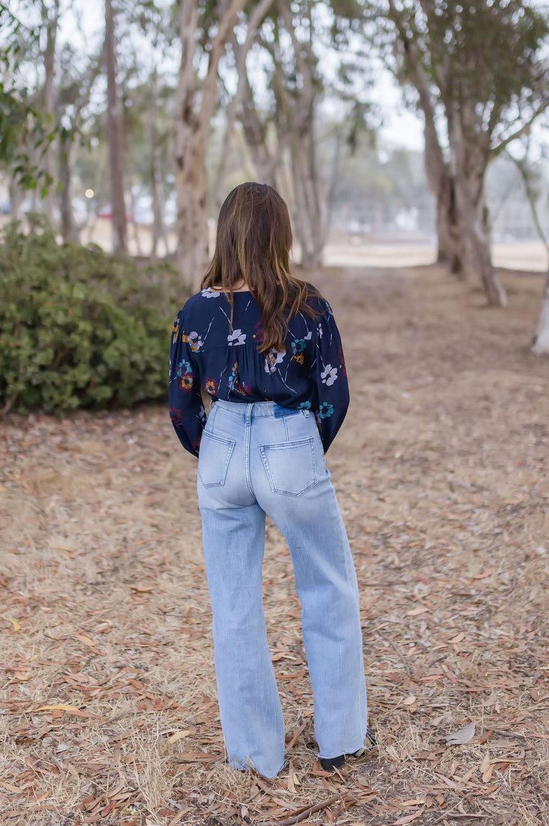 Long Sleeve Button Down Floral Print Top Navy