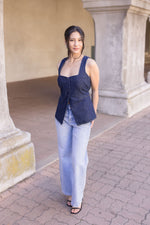 Sleeveless Partial Button Down Denim Top Dark Wash