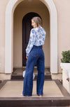 Long Sleeve Button Down Floral Print Top Blue