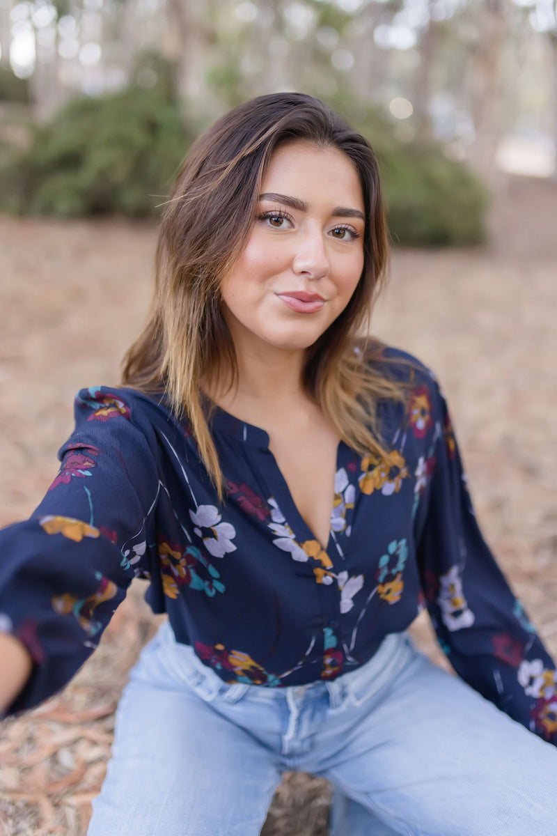 Long Sleeve Button Down Floral Print Top Navy