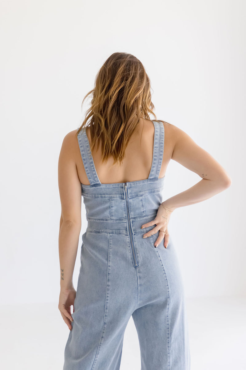 Sleeveless Wide Leg Denim Jumpsuit Light Wash