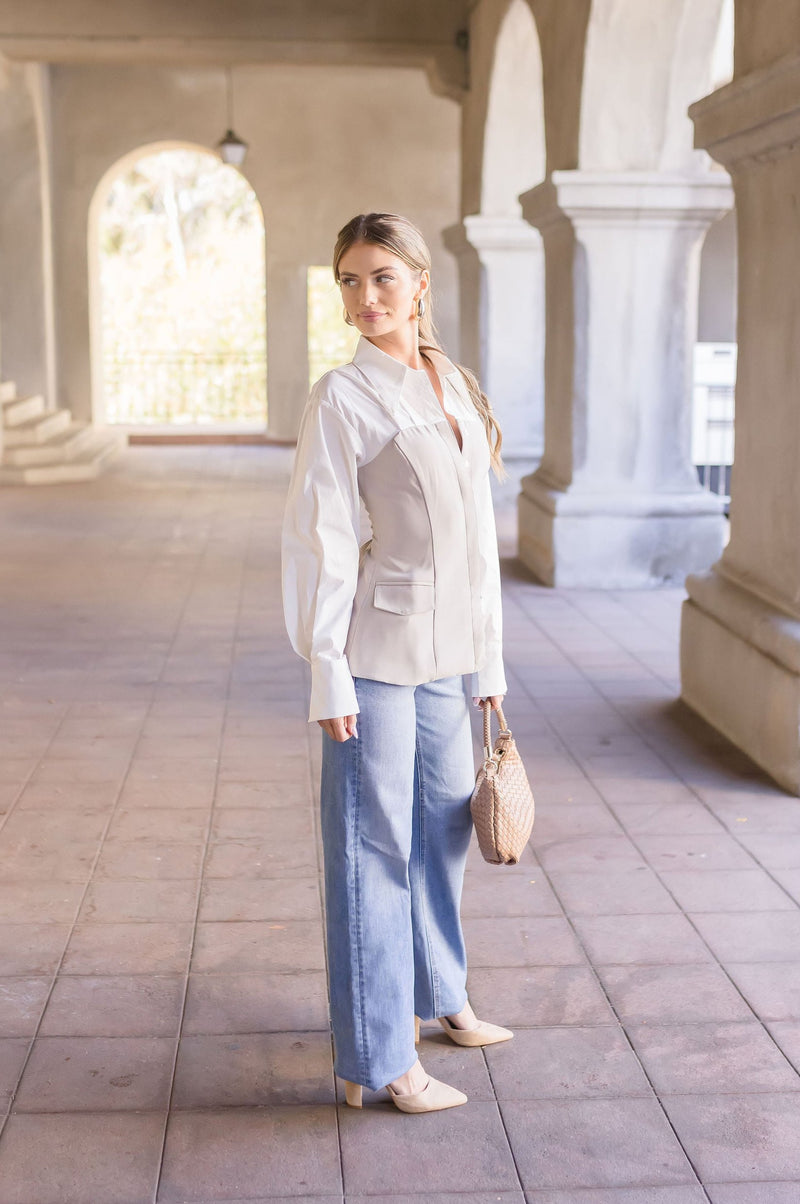 Long Sleeve Button Down Contrast Top White