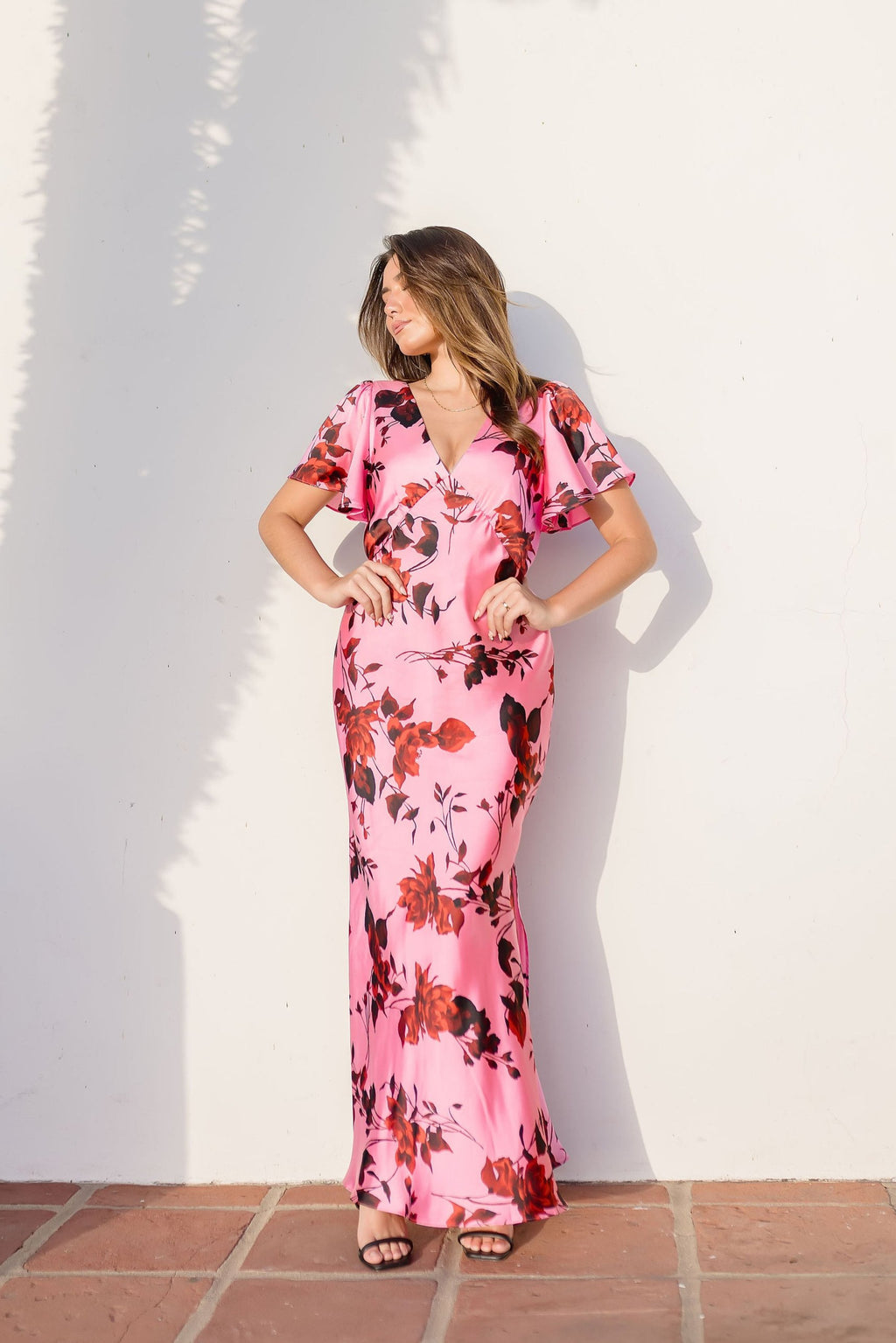 Short Flutter Sleeve Floral Print Maxi Dress Pink