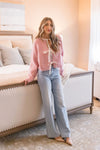  Long Sleeve Satin Bow Tie Knit Cardigan Pink