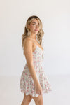  Sleeveless Lace Trim Floral Print Mini Dress Blush