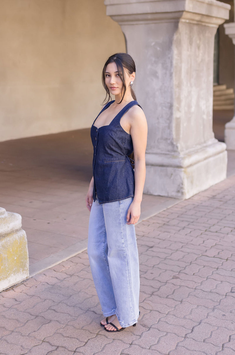 Sleeveless Partial Button Down Denim Top Dark Wash