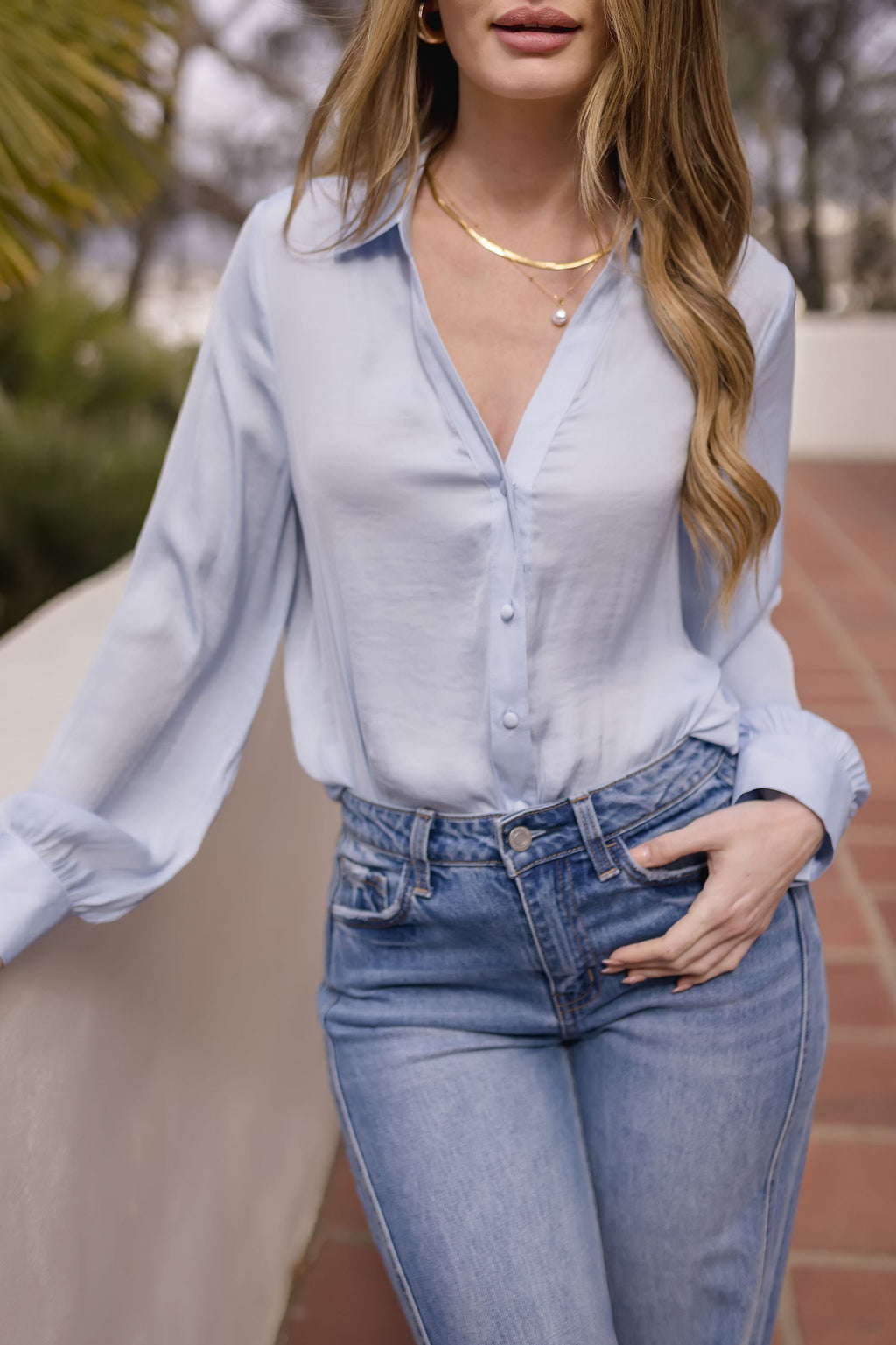 Long Sleeve Button Down Satin Top Blue