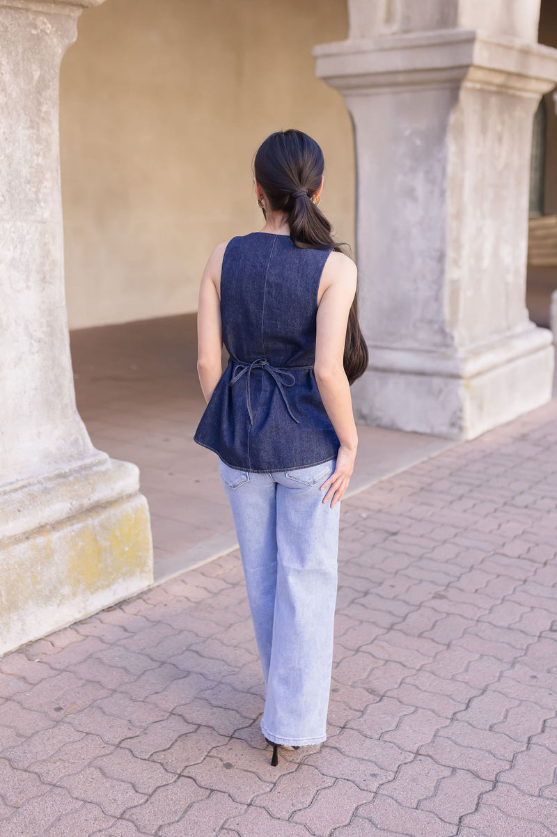 Sleeveless Partial Button Down Denim Top Dark Wash