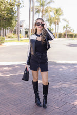  High Waist Raw Hem Denim Mini Skirt Black