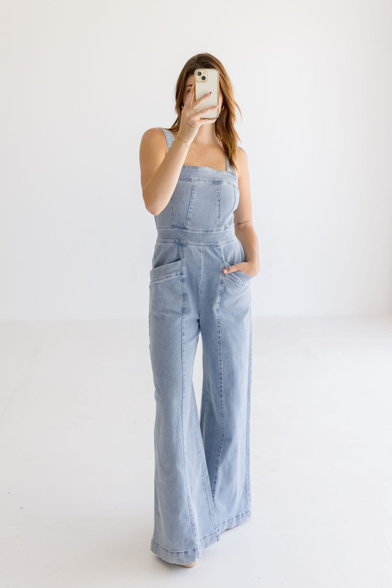 Denim flare leg jumpsuit online