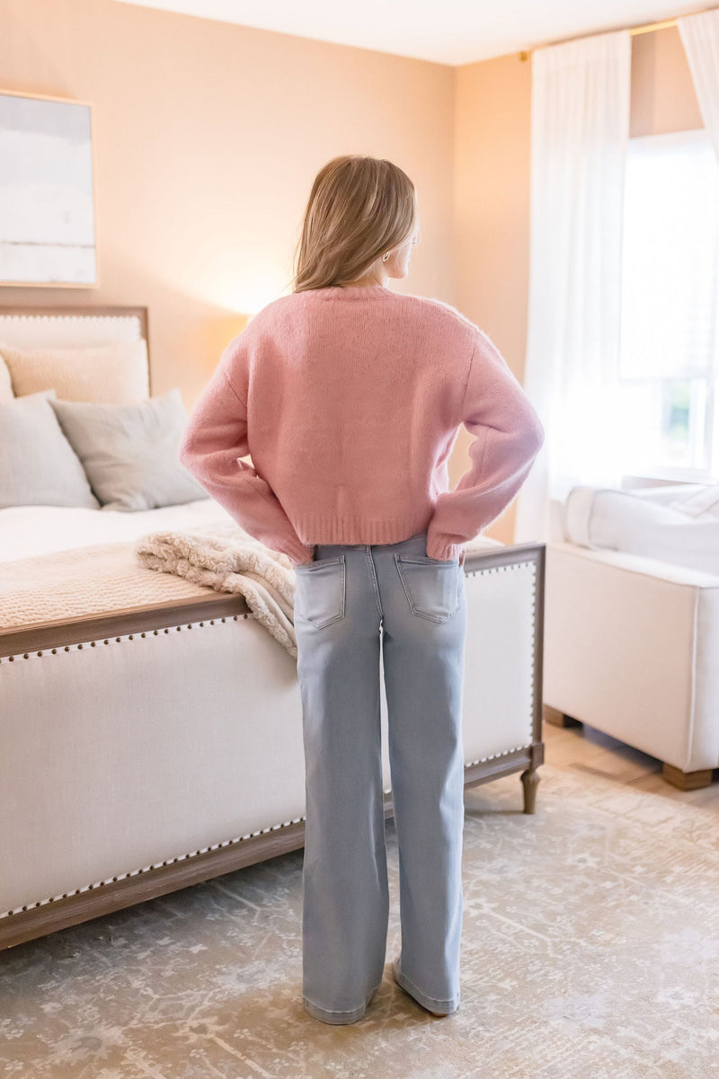  Long Sleeve Satin Bow Tie Knit Cardigan Pink