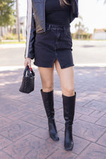  High Waist Raw Hem Denim Mini Skirt Black