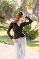  Long Sleeve Surplice Pleated Rib Knit Top Black