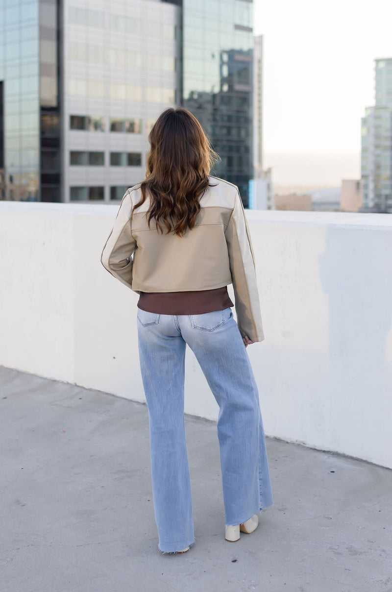 Vegan Leather Cropped Color Block Moto Jacket Taupe