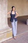 Sleeveless Partial Button Down Denim Top Dark Wash