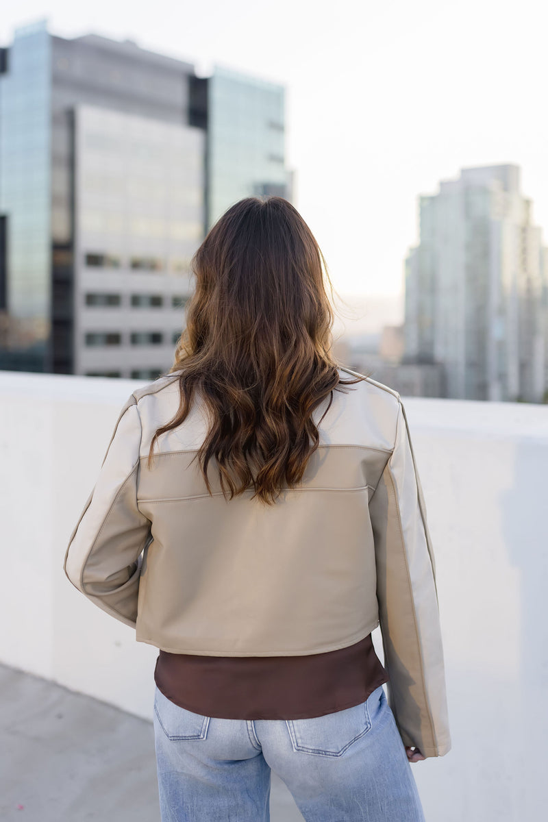 Vegan Leather Cropped Color Block Moto Jacket Taupe