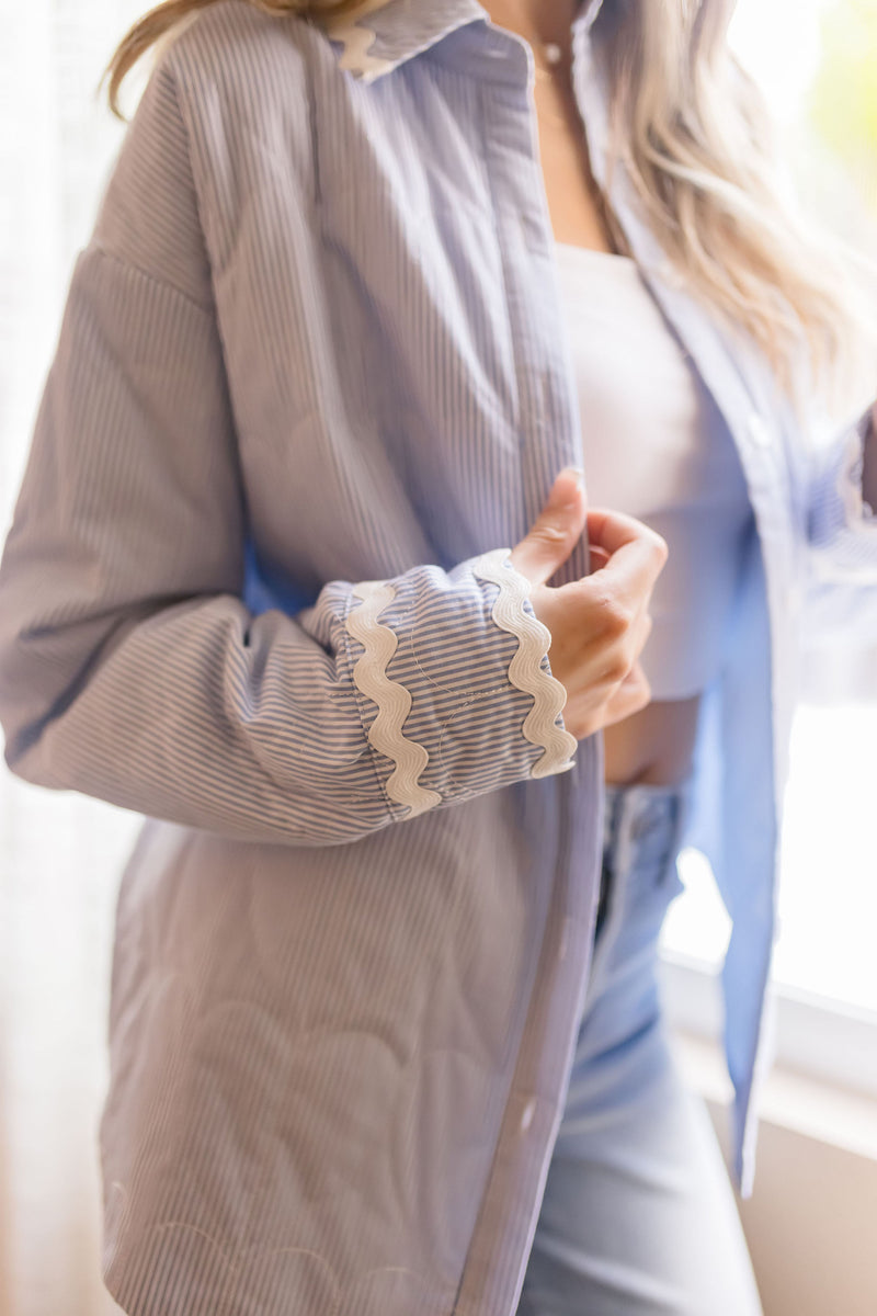 Long Sleeve Stripe Print Button Down Quilted Shacket Blue