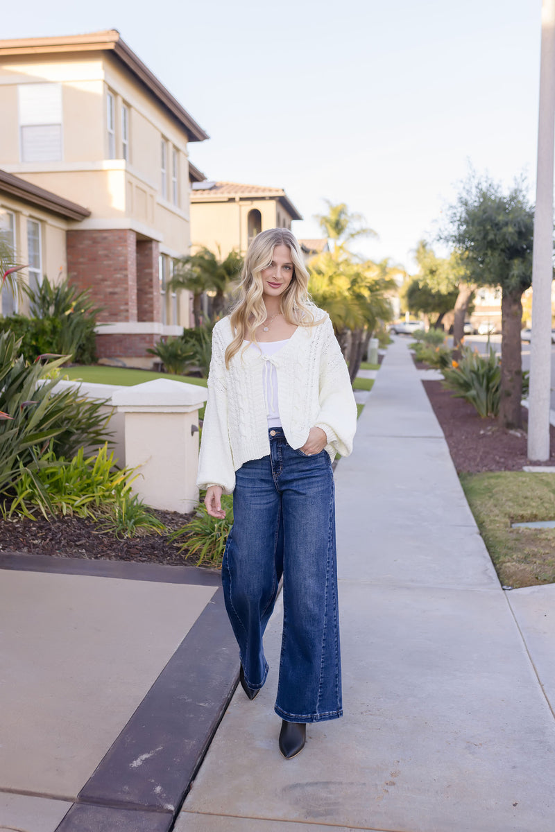 Long Sleeve Front Tie Knit Cardigan White