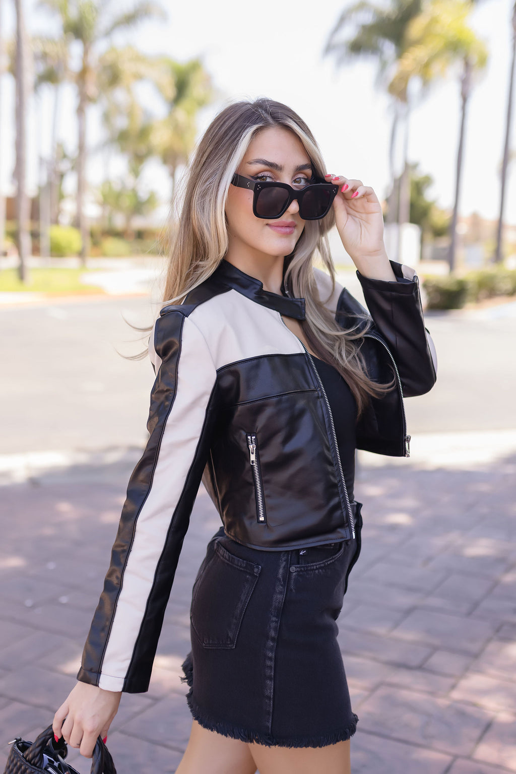 Vegan Leather Cropped Color Block Moto Jacket Black