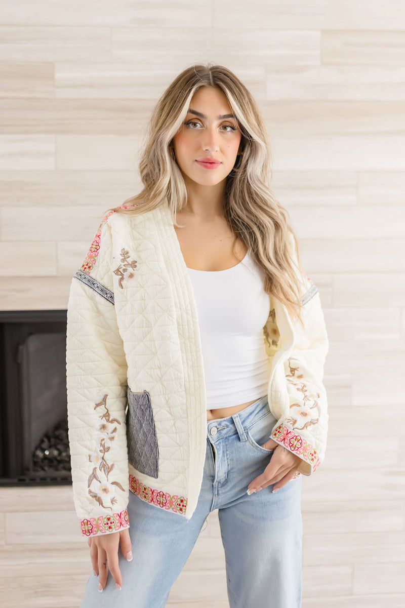  Long Sleeve Embroidered Quilted Shacket Cream