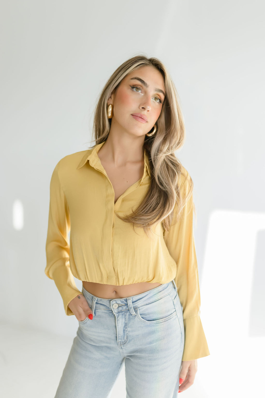 Long Sleeve Elastic Waist Cropped Satin Top Yellow