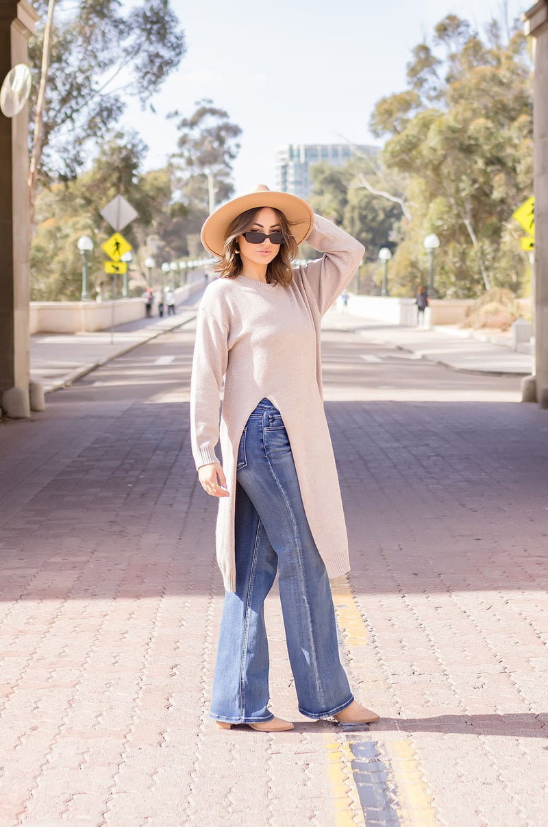 Long Sleeve High Slit Long Pullover Sweater Top Taupe