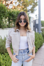 Vegan Leather Cropped Bomber Jacket Cream