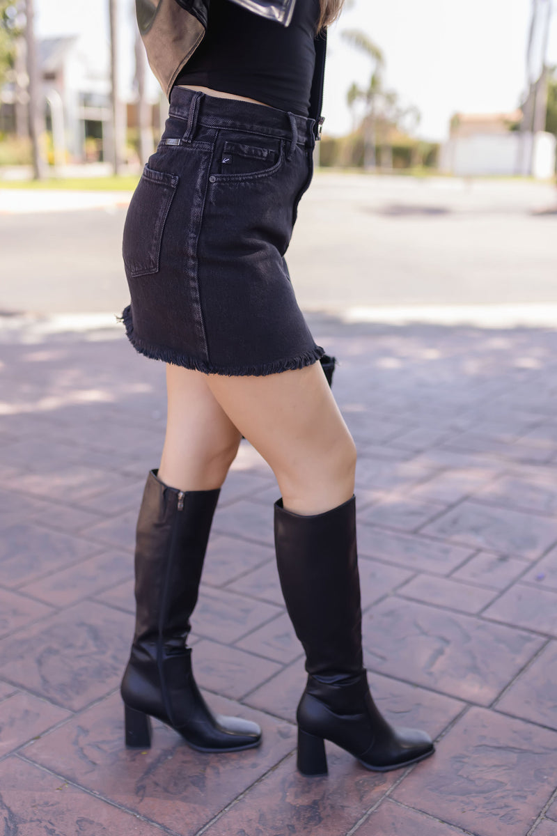  High Waist Raw Hem Denim Mini Skirt Black